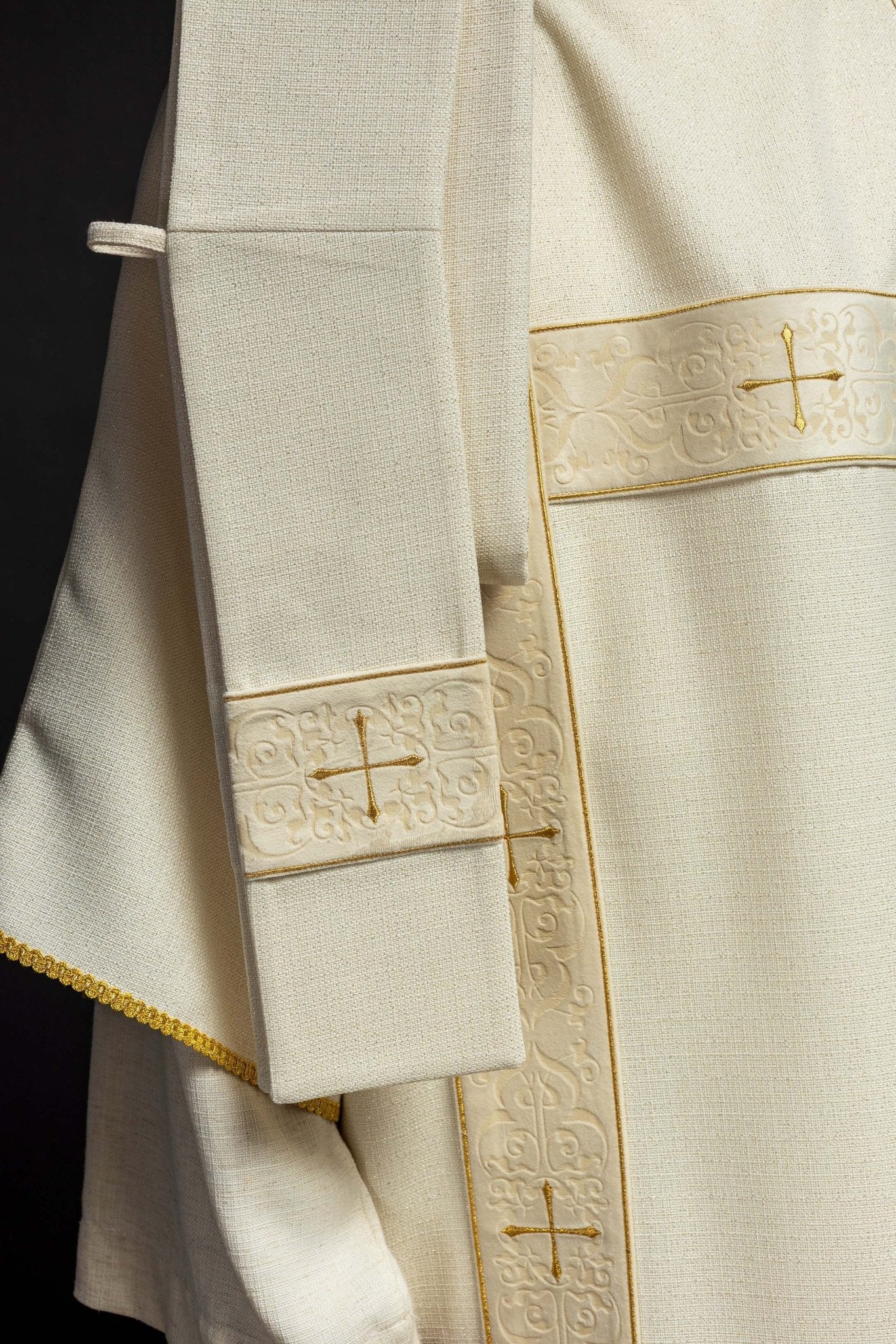 Curtain with velvet stripes and embroidered gold crosses, ecru KDL/395/05/71/B - HAFTINAUSA.COM