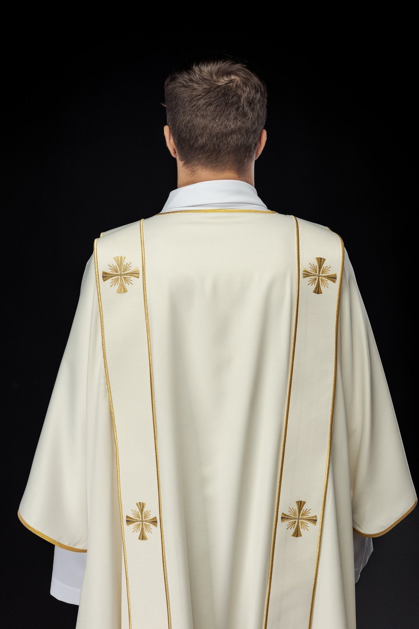 Dalmatian with stripes and embroidered golden crosses, ecru KDL/285/05/53/B - HAFTINAUSA.COM
