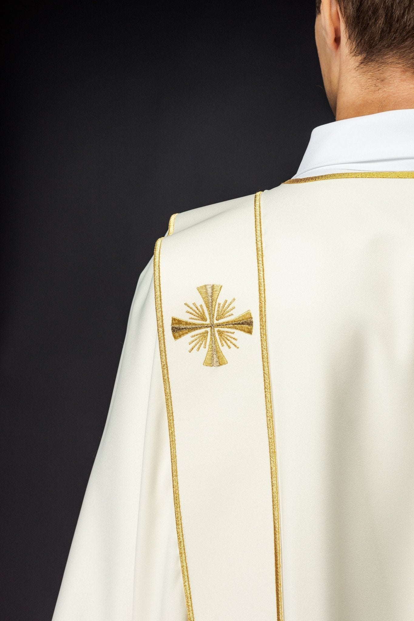 Dalmatian with stripes and embroidered golden crosses, ecru KDL/285/05/53/B - HAFTINAUSA.COM
