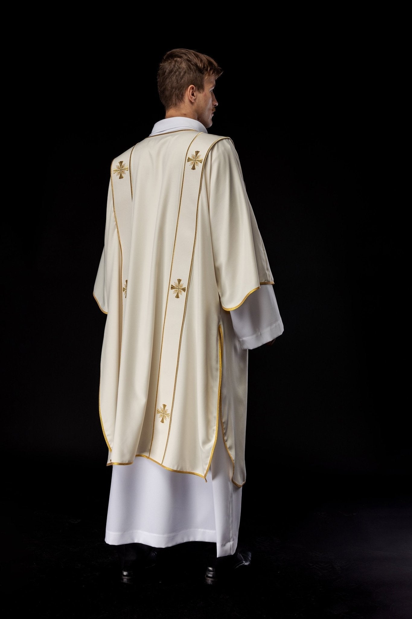 Dalmatian with stripes and embroidered golden crosses, ecru KDL/285/05/53/B - HAFTINAUSA.COM