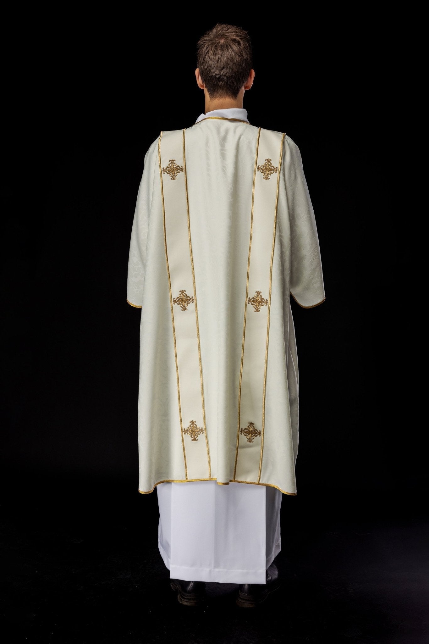 Dalmatian with stripes and embroidered golden crosses on ecru jacquard KDL/284/05/81/B - HAFTINAUSA.COM