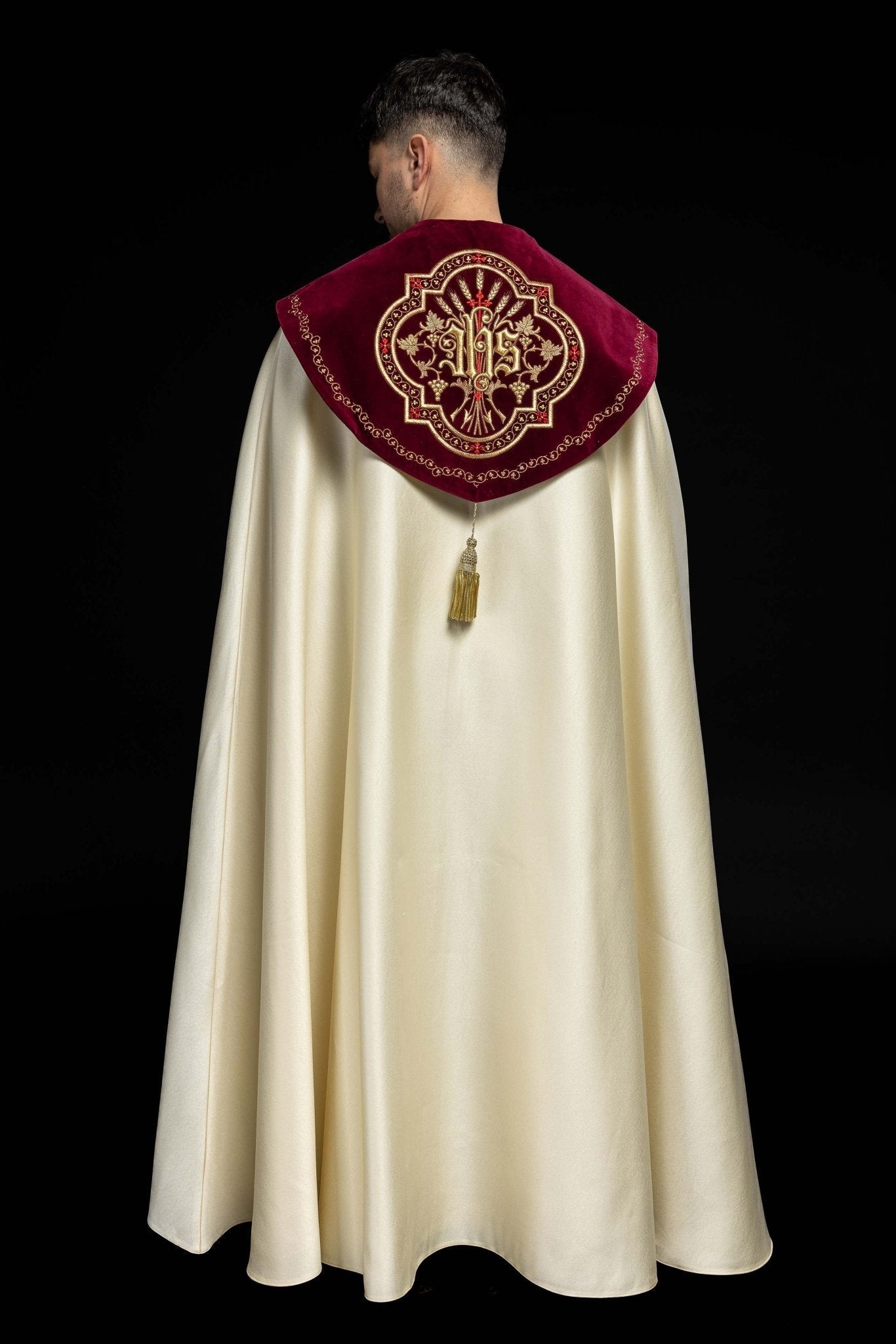 Embroidered cope made on velvet texture with big gold embroidery and JHS symbol KKP/004/05/20/PA 145cm - HAFTINAUSA.COM