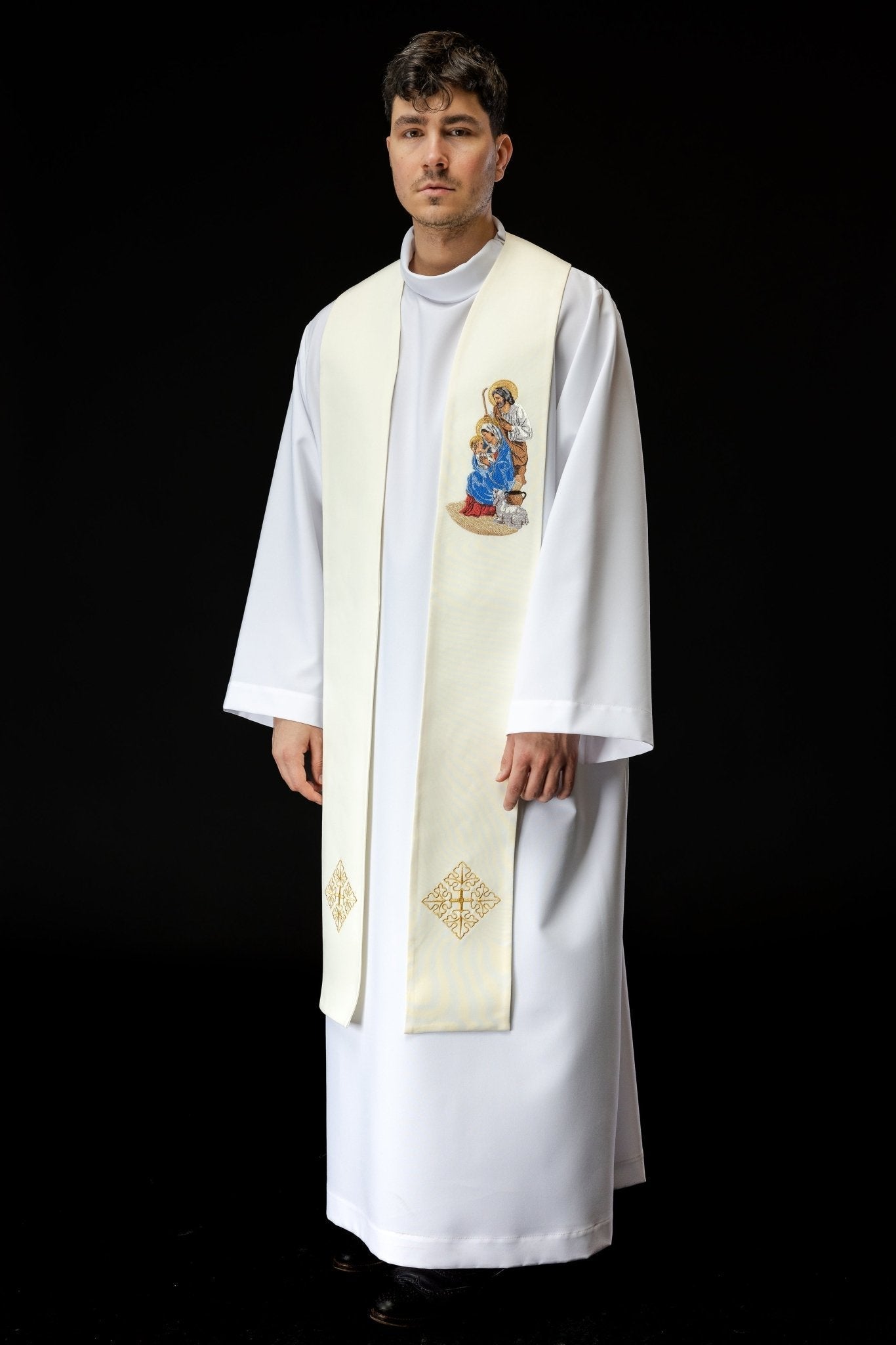Embroidered stole with the image of the Holy Family for Christmas KZS2/260/05/01 ECRU - HAFTINAUSA.COM