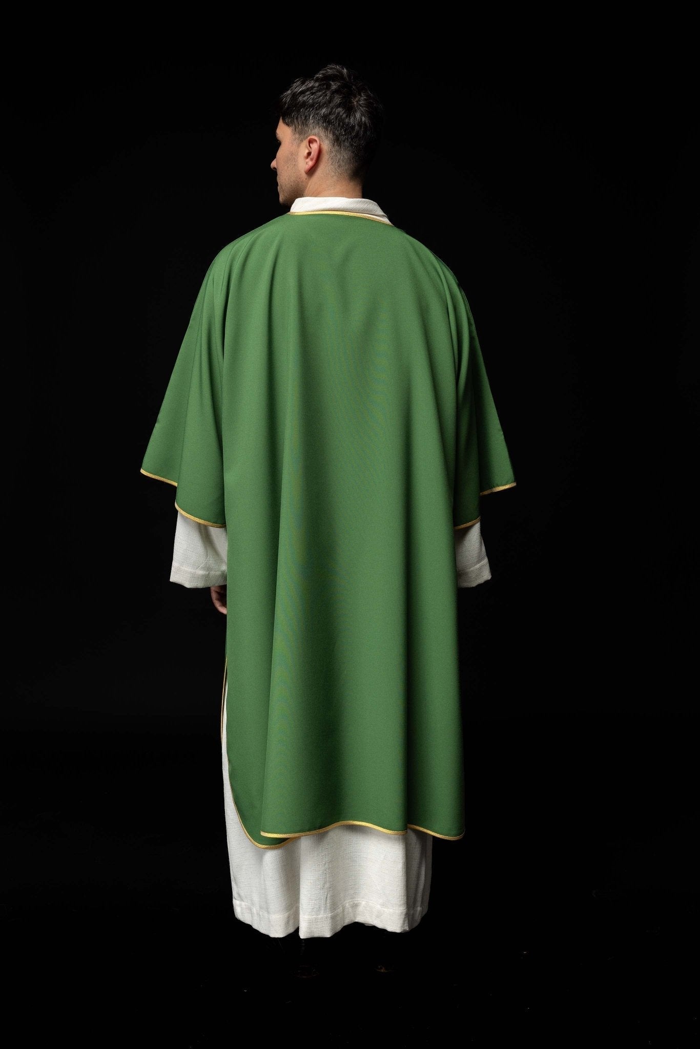 Plain dalmatic in green with gold trim KDL/1002/01/12/D - HAFTINAUSA.COM