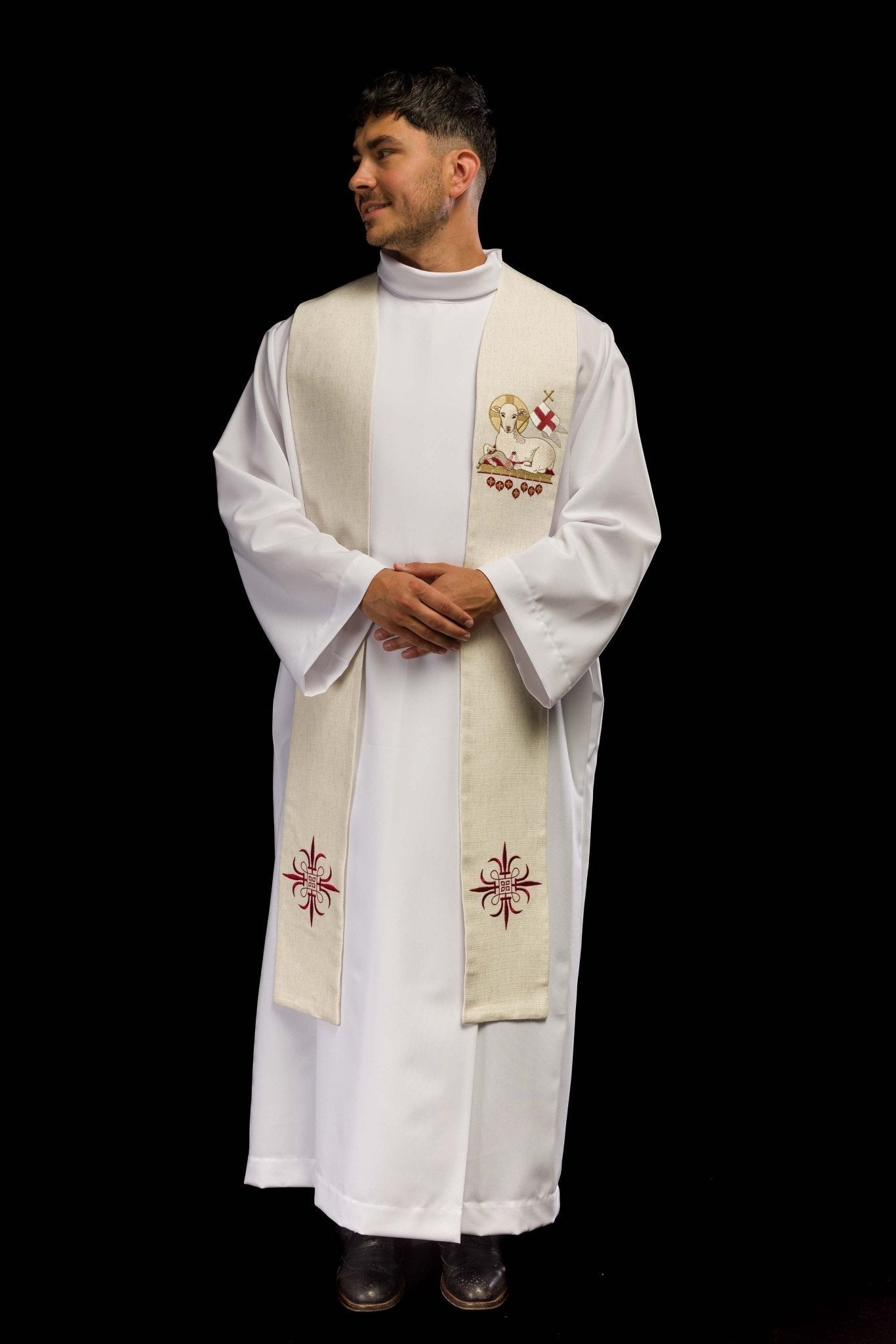 Priestly stole with a lamb motif in ecru KDT/2049/05/49 ECRU - HAFTINAUSA.COM