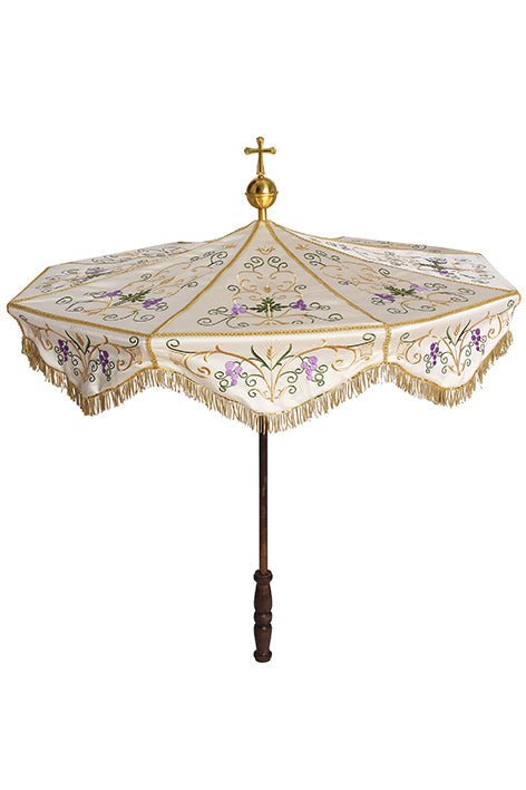 Processional Umbrella with floral motifs KPP/002/05/20 o 100cm ECRU SAT. - HAFTINAUSA.COM