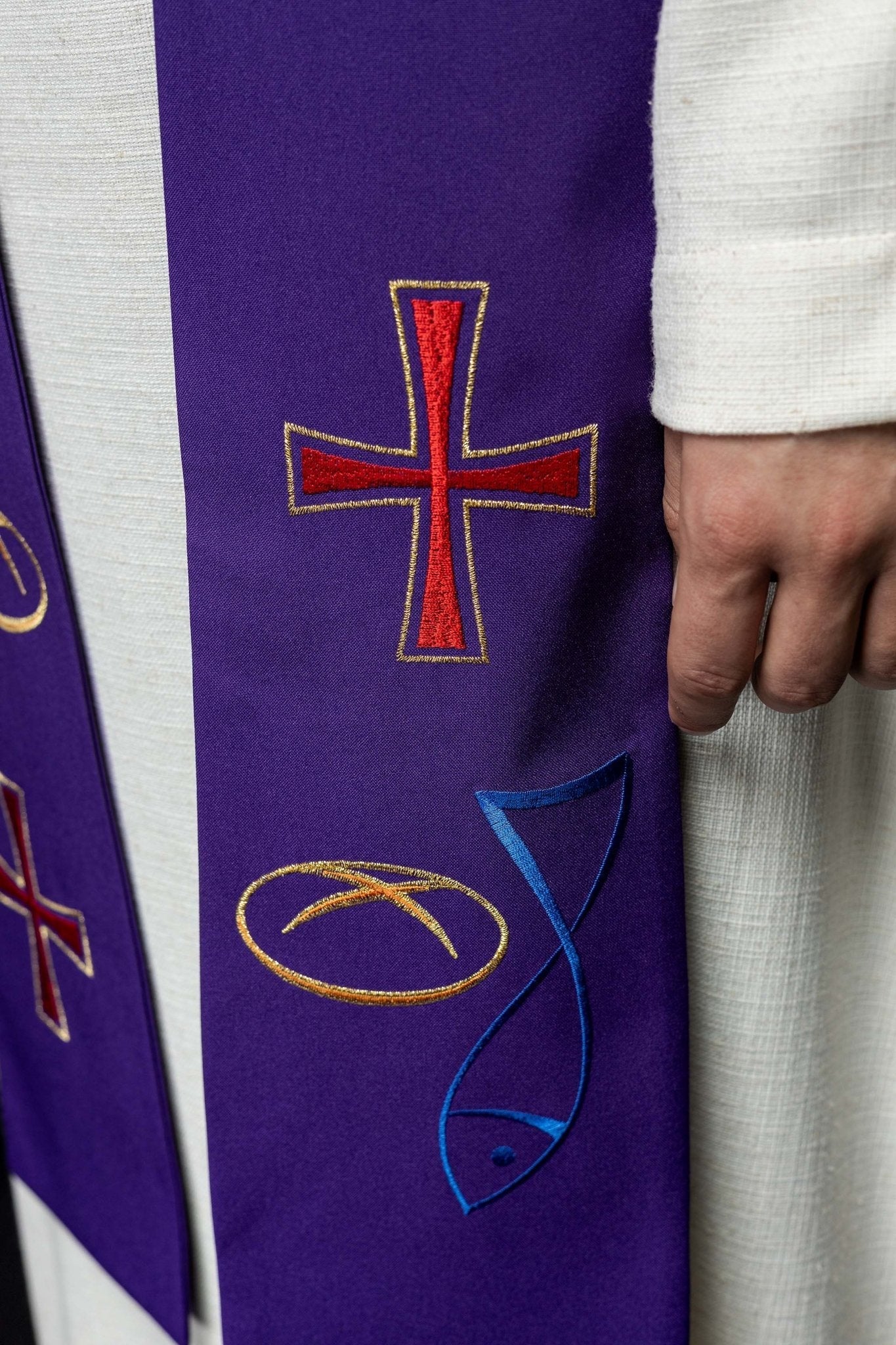 Purple priestly stole with embroidered Bread Cross Fish motif KST/007/03/12 FIOLET - HAFTINAUSA.COM