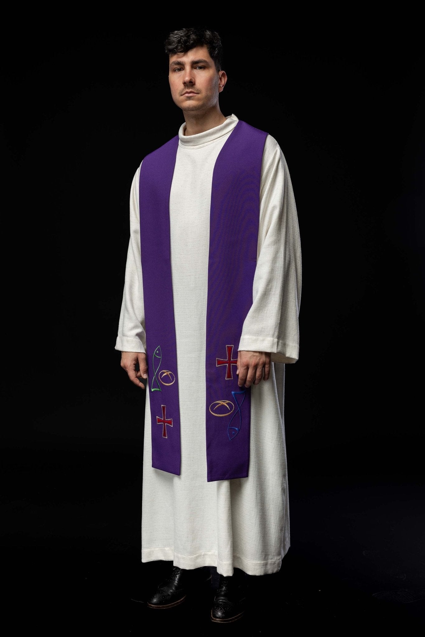 Purple priestly stole with embroidered Bread Cross Fish motif KST/007/03/12 FIOLET - HAFTINAUSA.COM