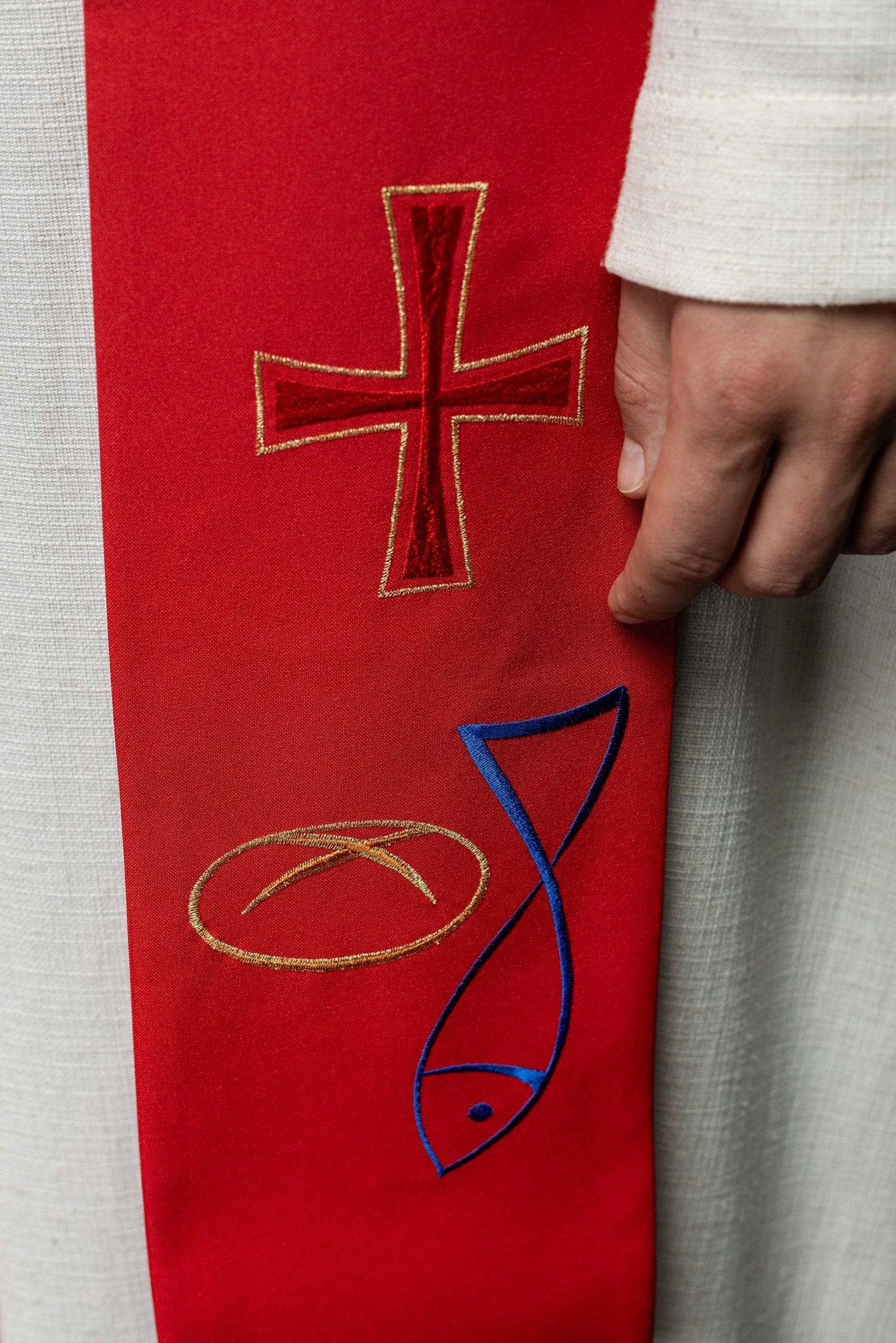 Red priestly stole embroidered with Bread Cross Fish motif KST/007/02/12 CZERWONY - HAFTINAUSA.COM