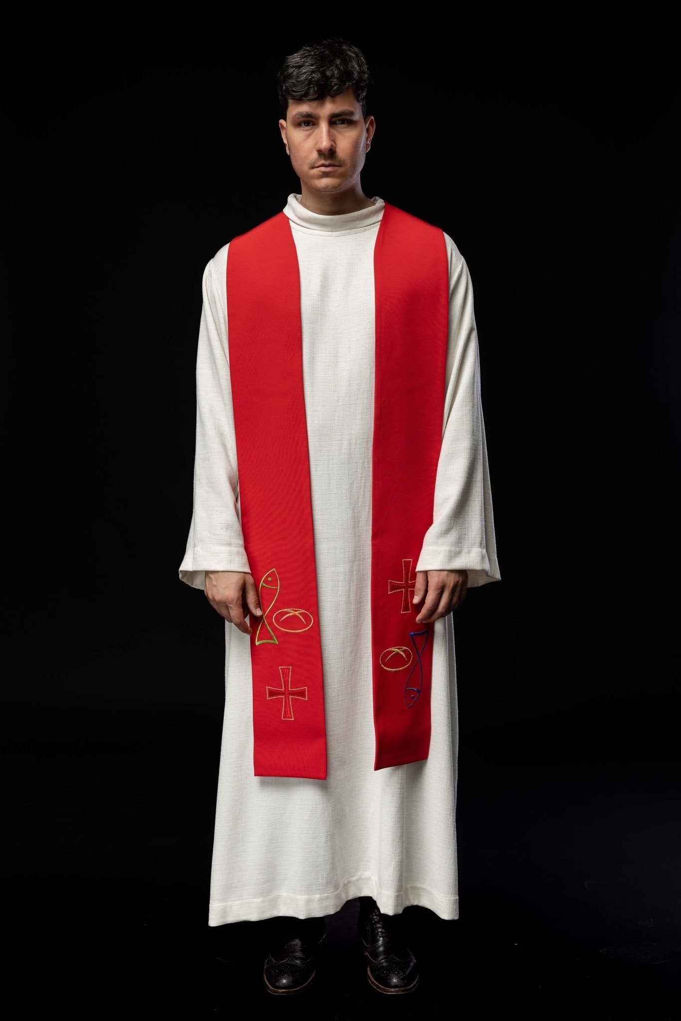 Red priestly stole embroidered with Bread Cross Fish motif KST/007/02/12 CZERWONY - HAFTINAUSA.COM