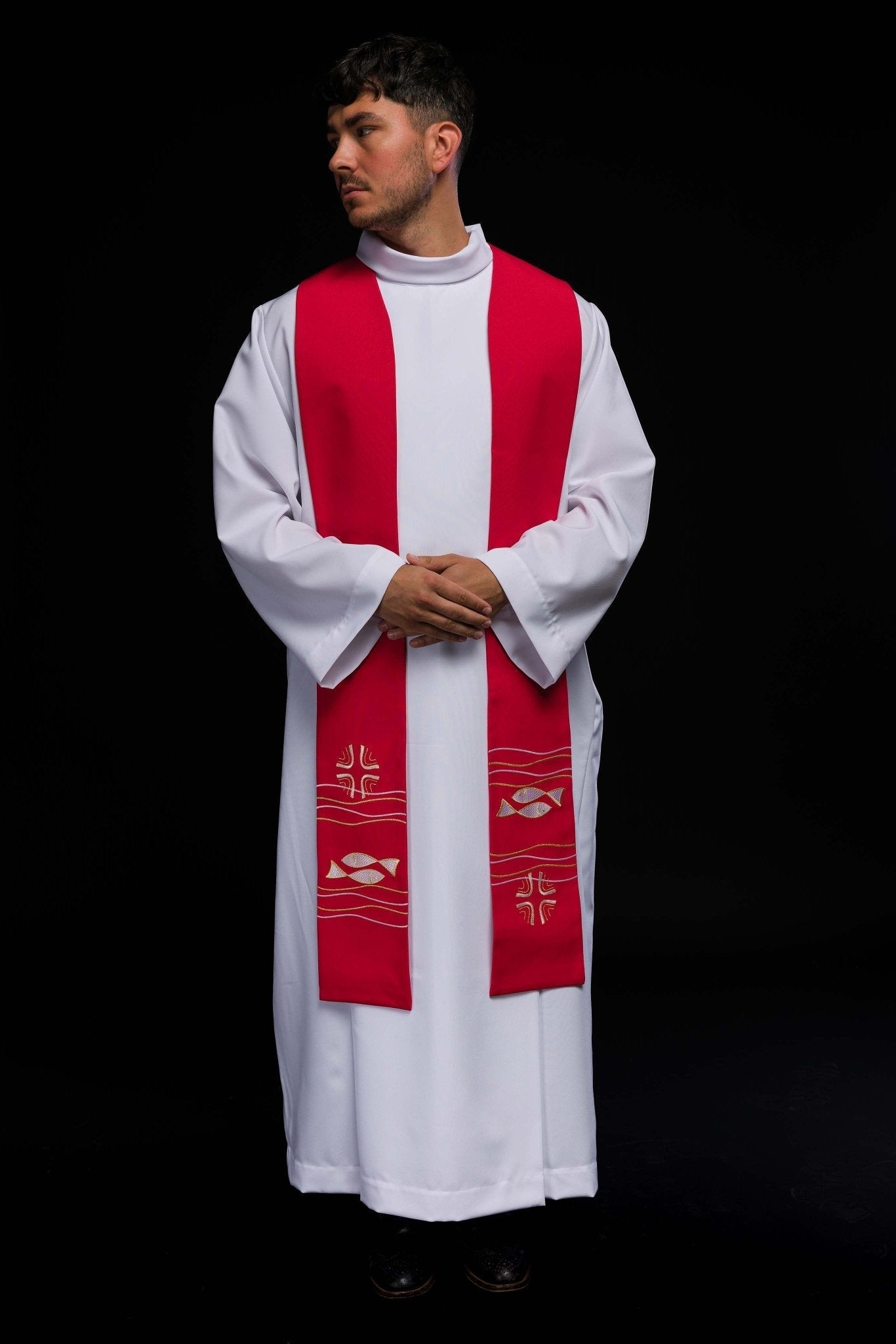 Red priestly stole with embroidered Fish motif KST/022/02/01 CZERWONY - HAFTINAUSA.COM