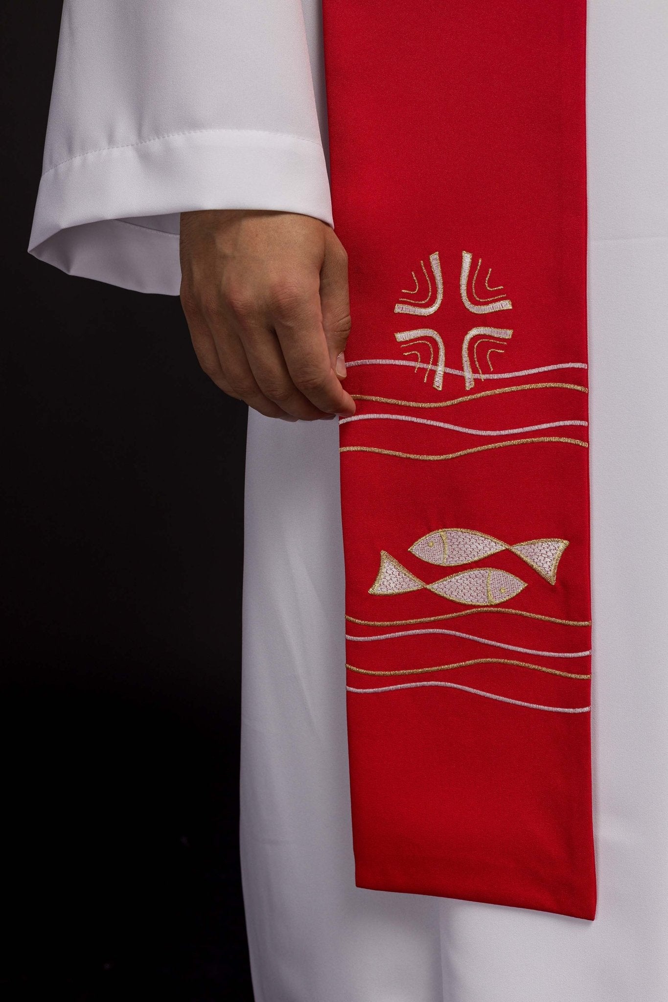 Red priestly stole with embroidered Fish motif KST/022/02/01 CZERWONY - HAFTINAUSA.COM
