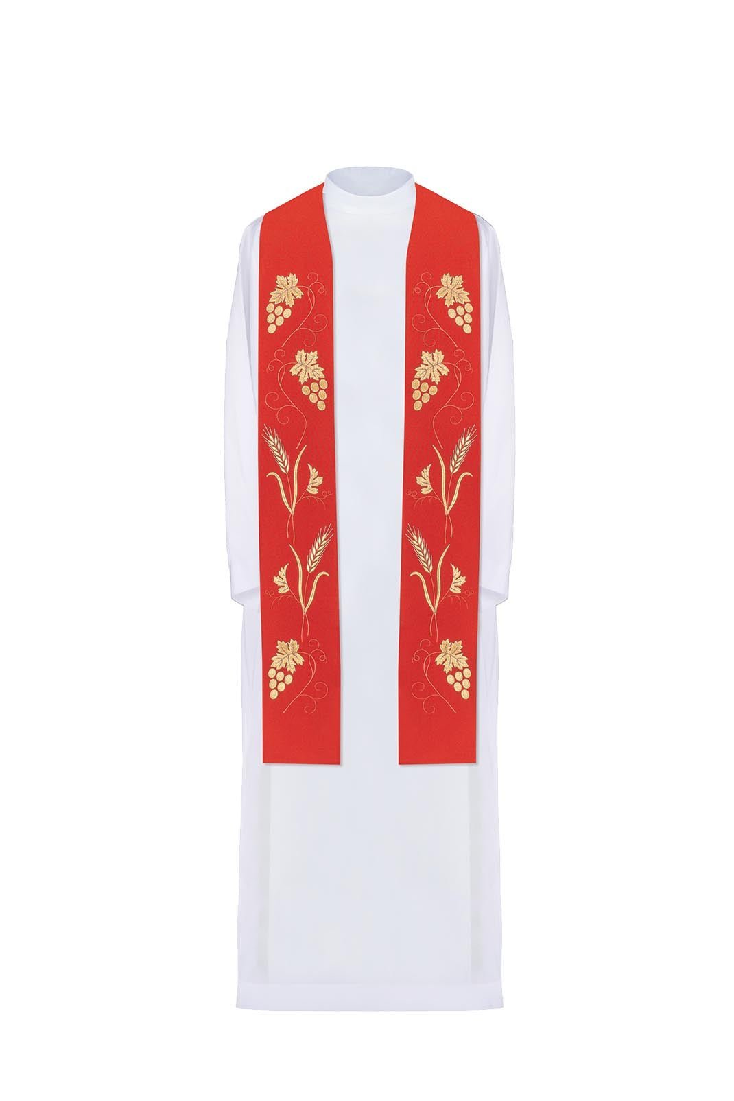 Red priestly stole with grape and wheat embroidery KST/001/02/01 CZERWONY - HAFTINAUSA.COM