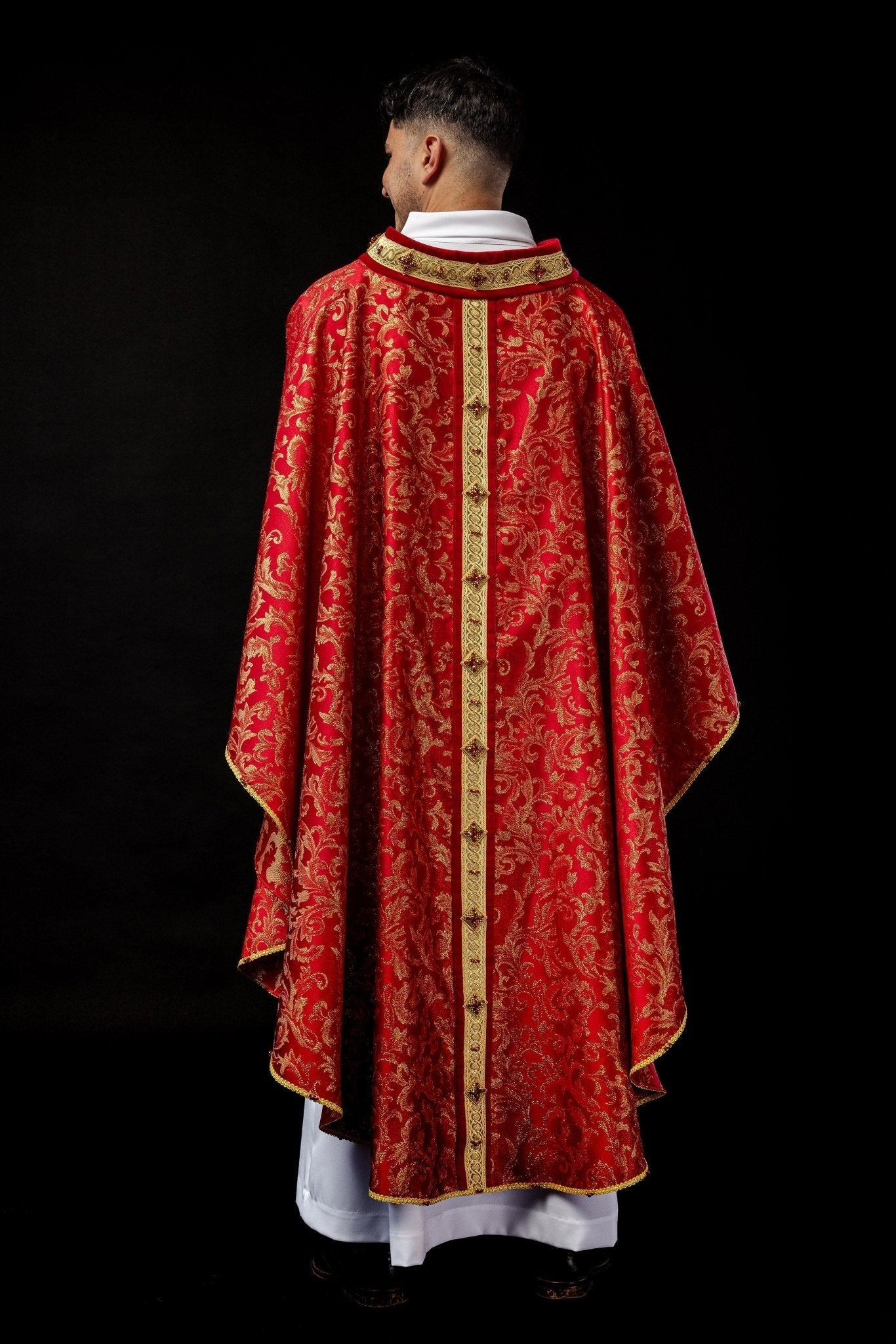 Red priests chasuble with natural stones Handmade 7003 HM/7003/02/90 - HAFTINAUSA.COM