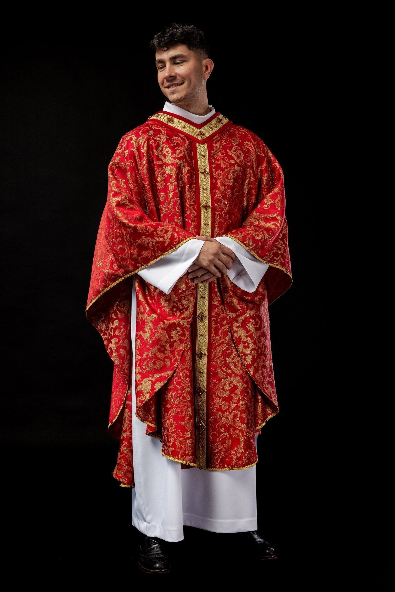 Red priests chasuble with natural stones Handmade 7003 HM/7003/02/90 - HAFTINAUSA.COM