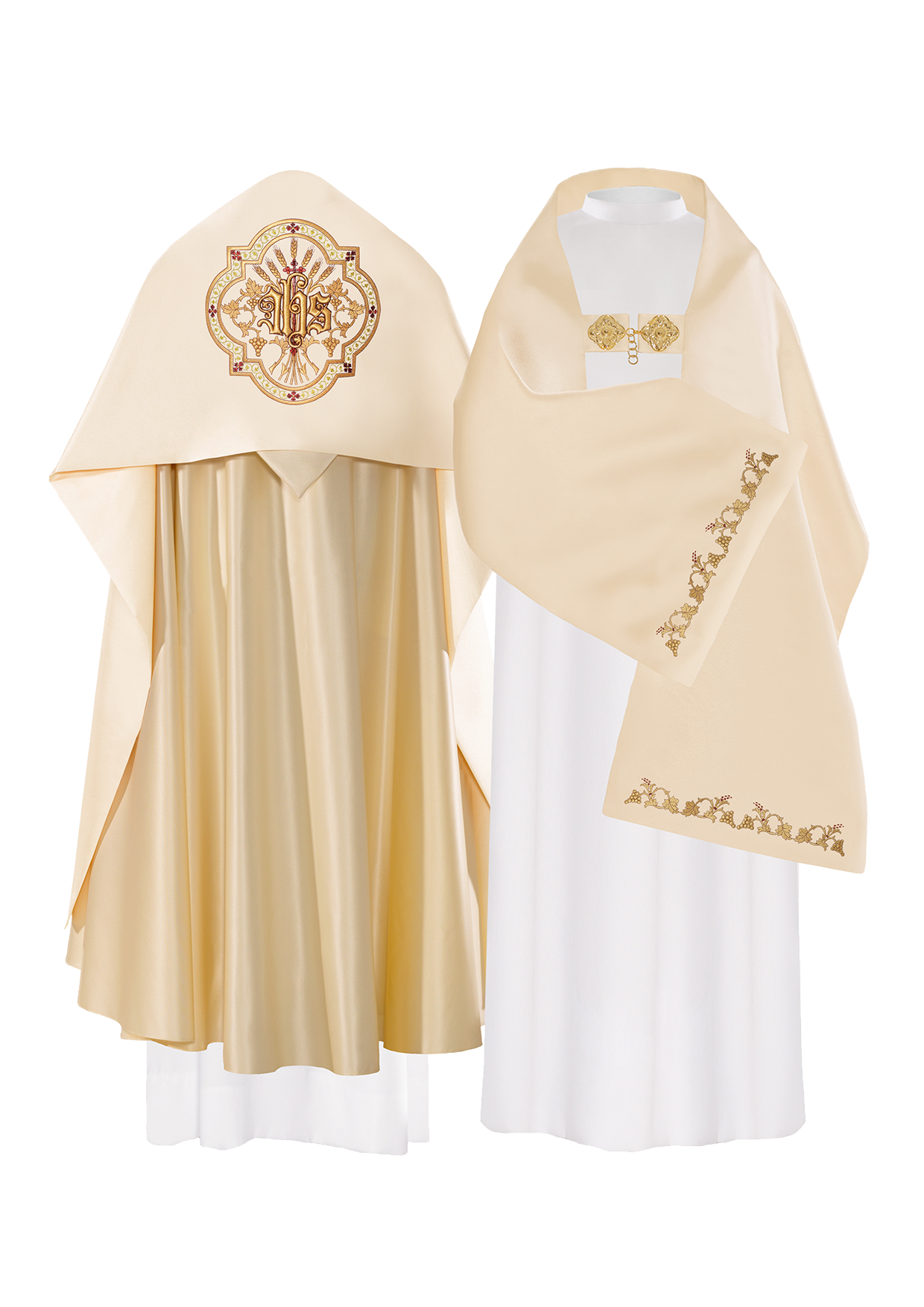 Welon liturgiczny z motywem IHS otoczonym bogatym haftem w kolorze Ecru - ORNATY.PL