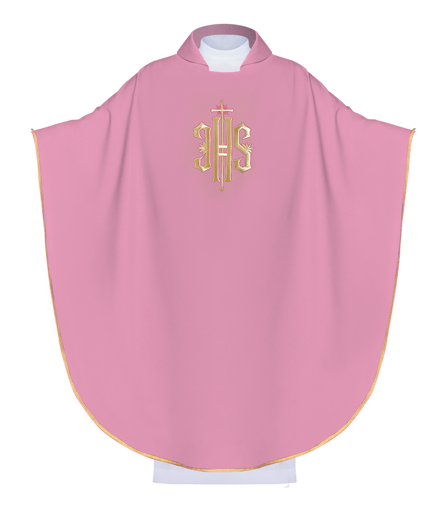 Pink chasuble with wide collar and gold IHS embroidery