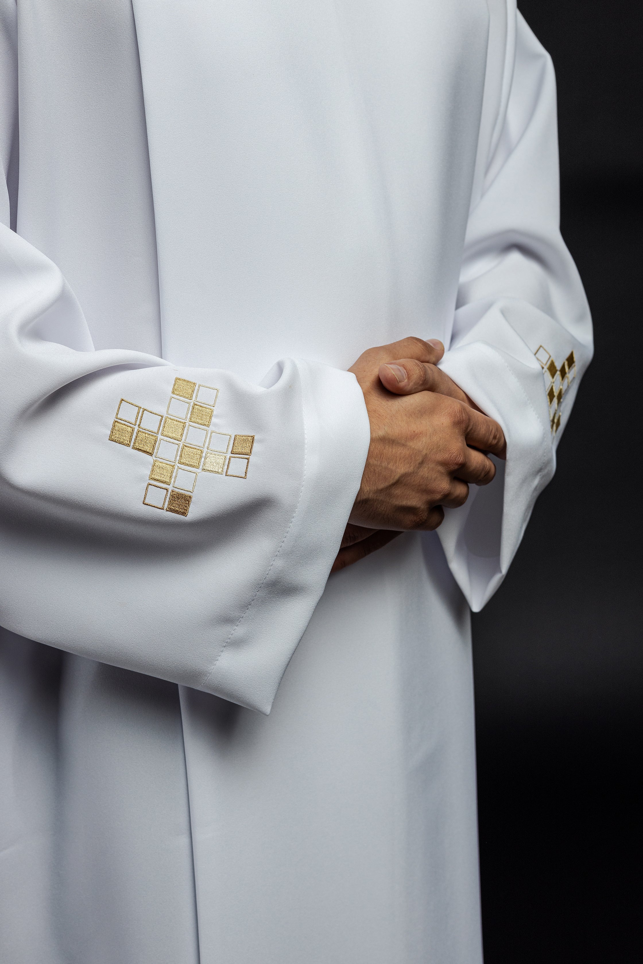 Liturgical alb with mosaic cross embroidery