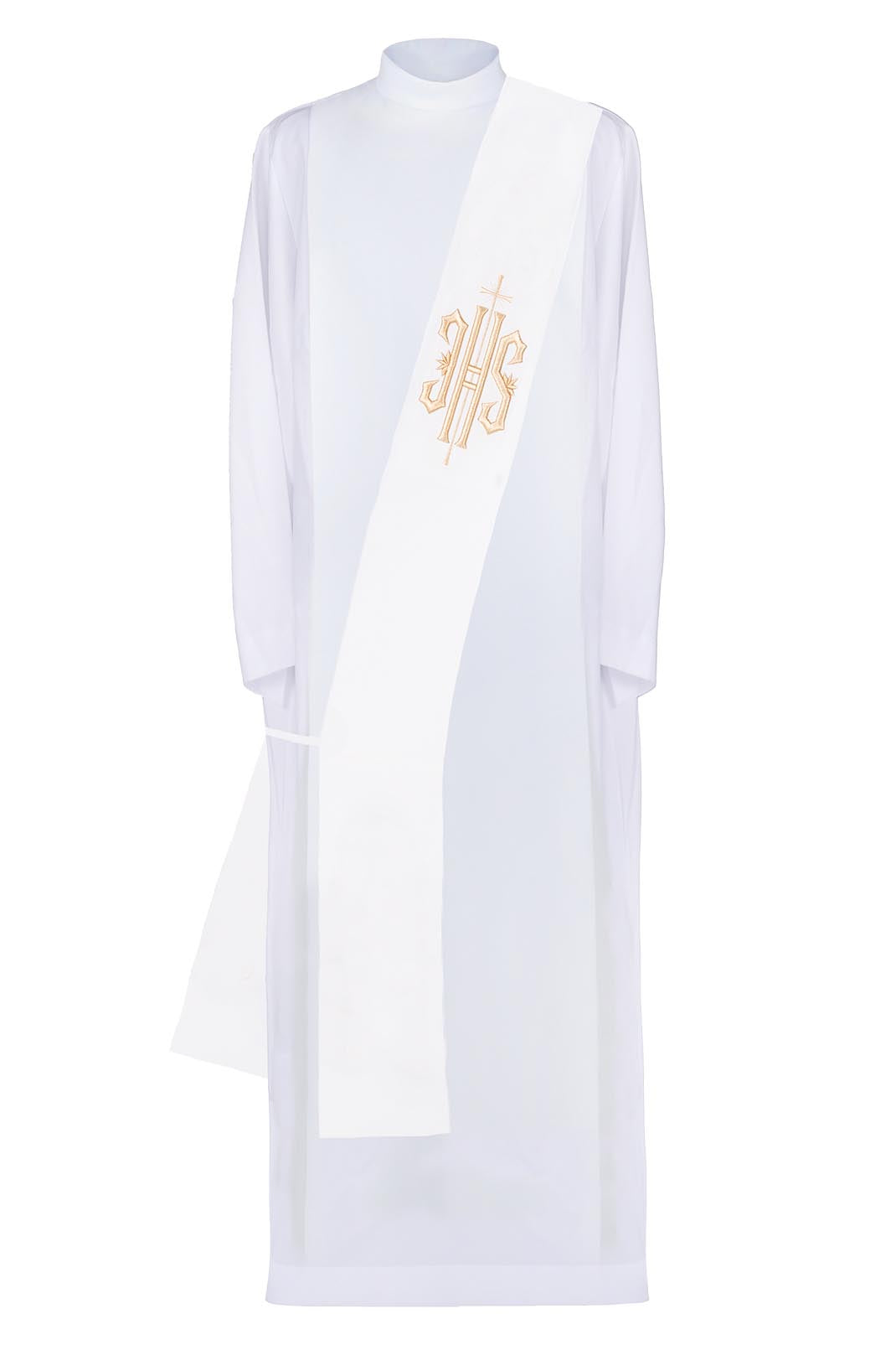 Deacon stole embroidered with IHS and Cross in ecru