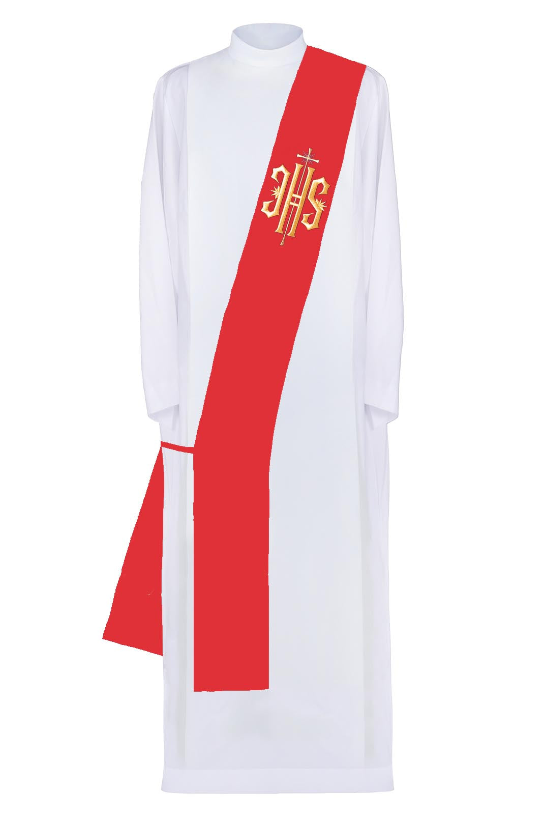 Deacon stole embroidered with IHS and Cross in red