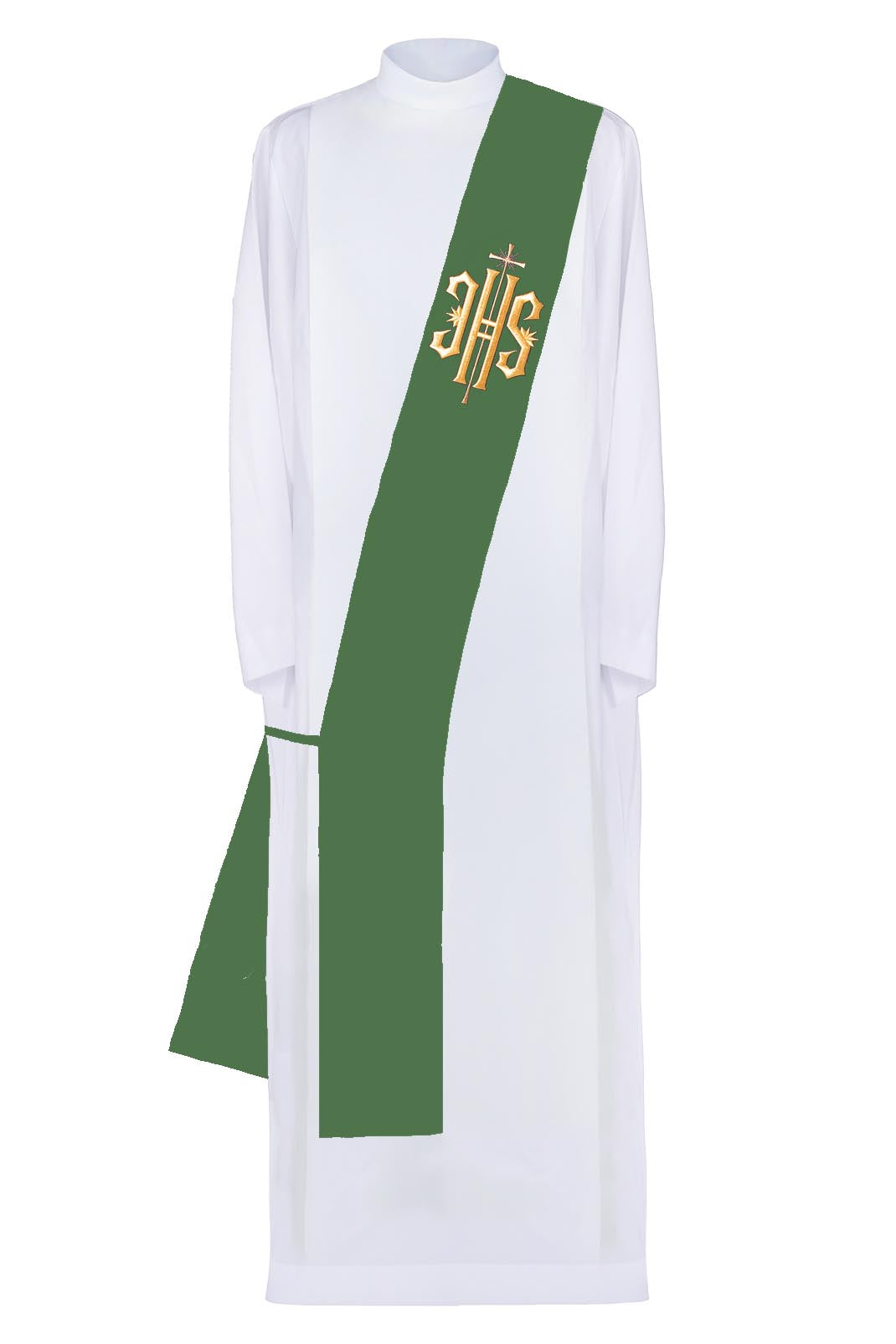 Deacon stole embroidered with IHS and Cross in green