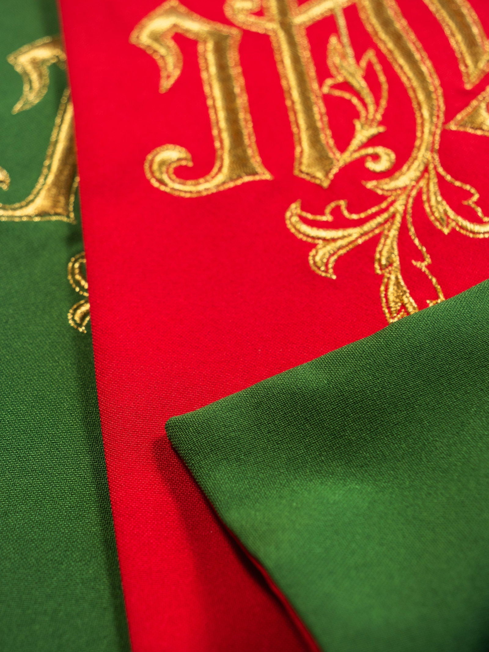 Double-sided IHS embroidered stole in green and red