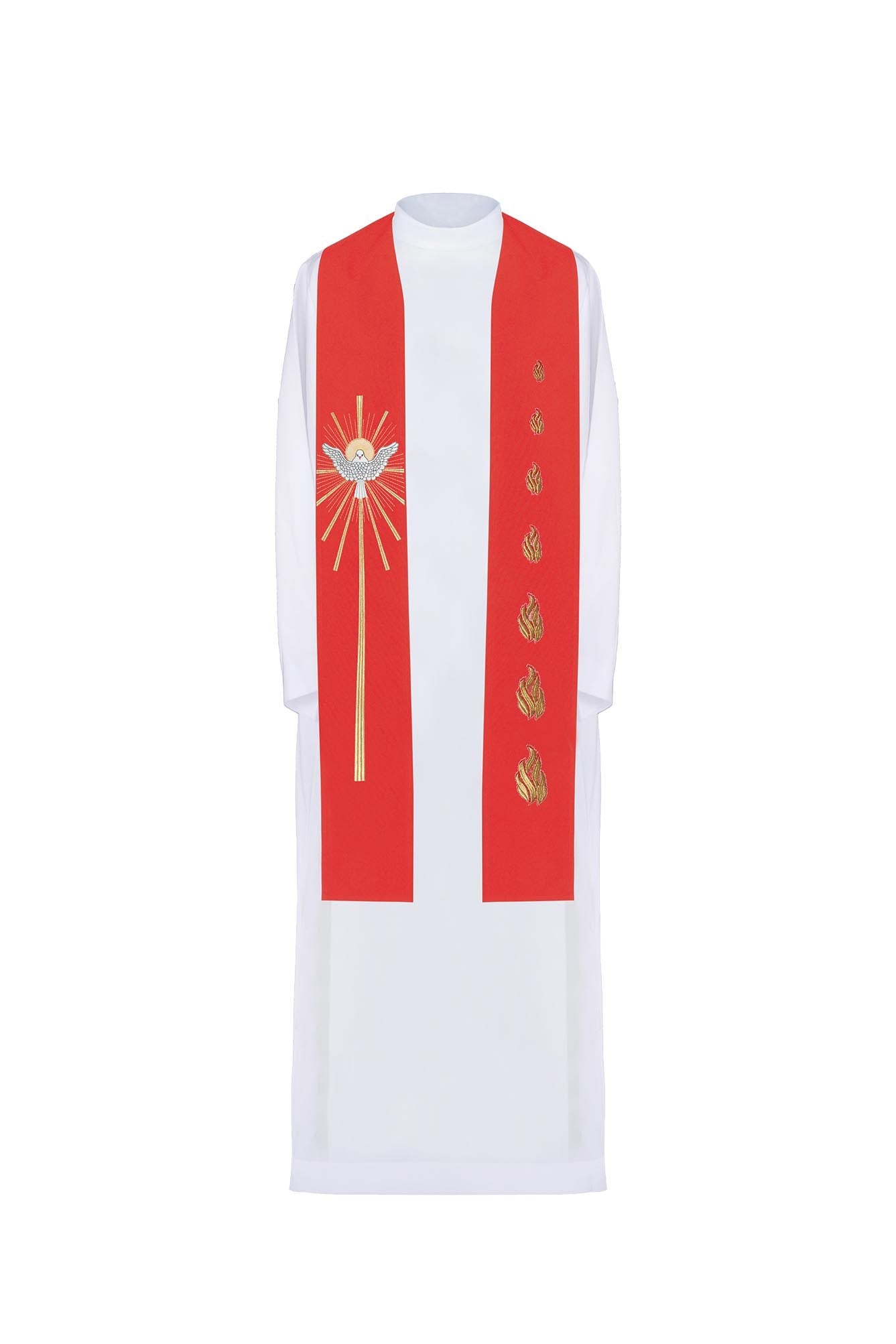 Red embroidered Holy Spirit and tongues of fire stole