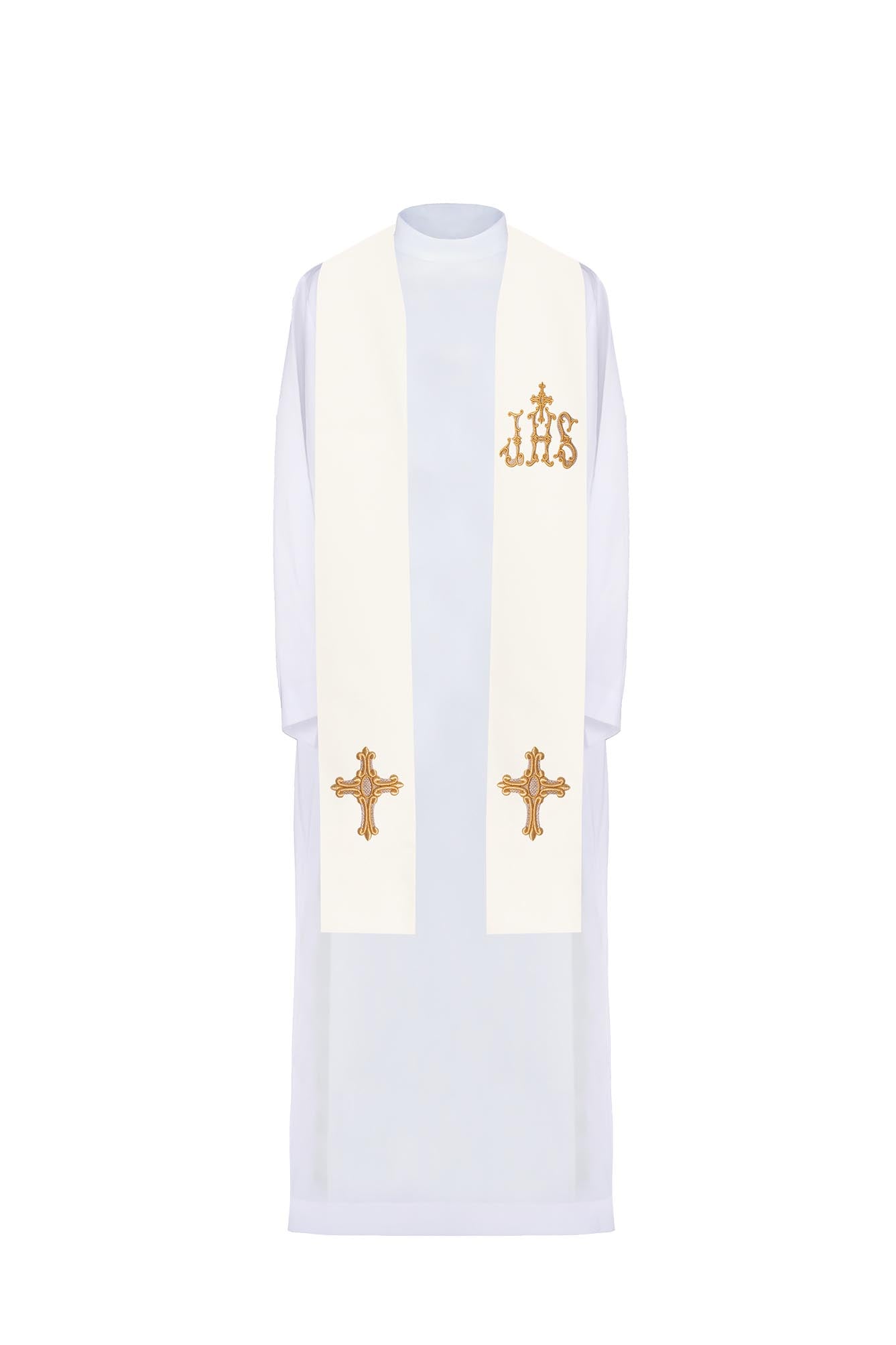 Ecru priestly stole embroidered with a Cross and IHS