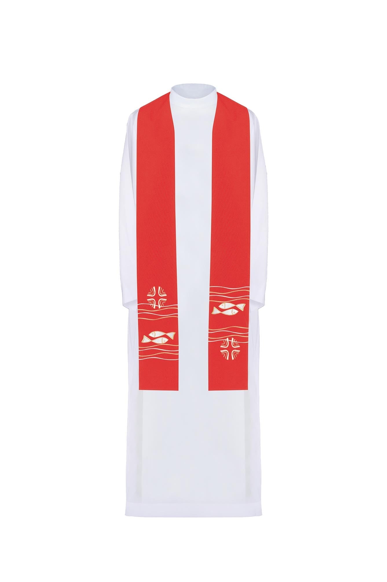 Red priestly stole with embroidered Fish motif