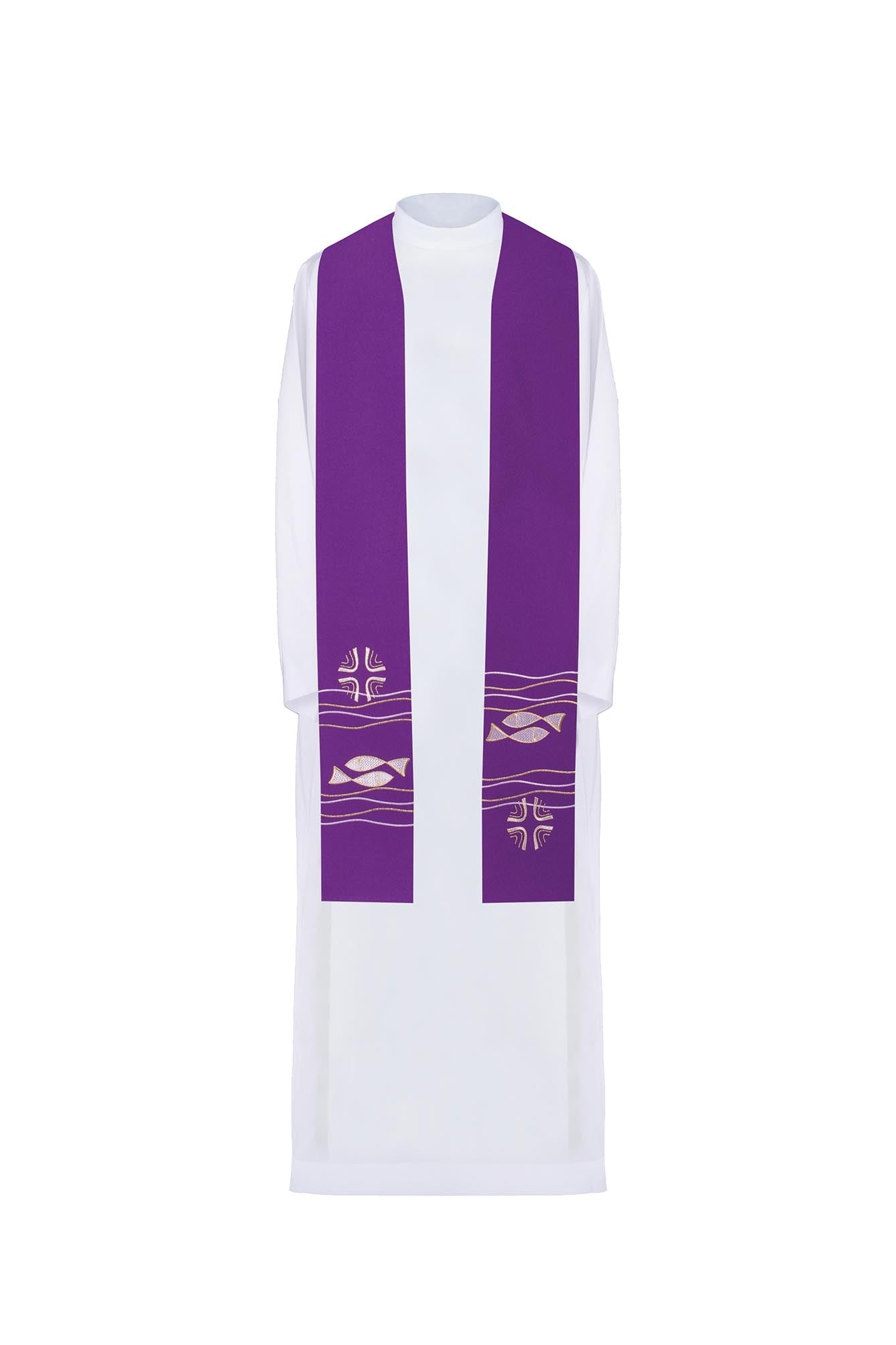 Purple priestly stole with embroidered Fish motif