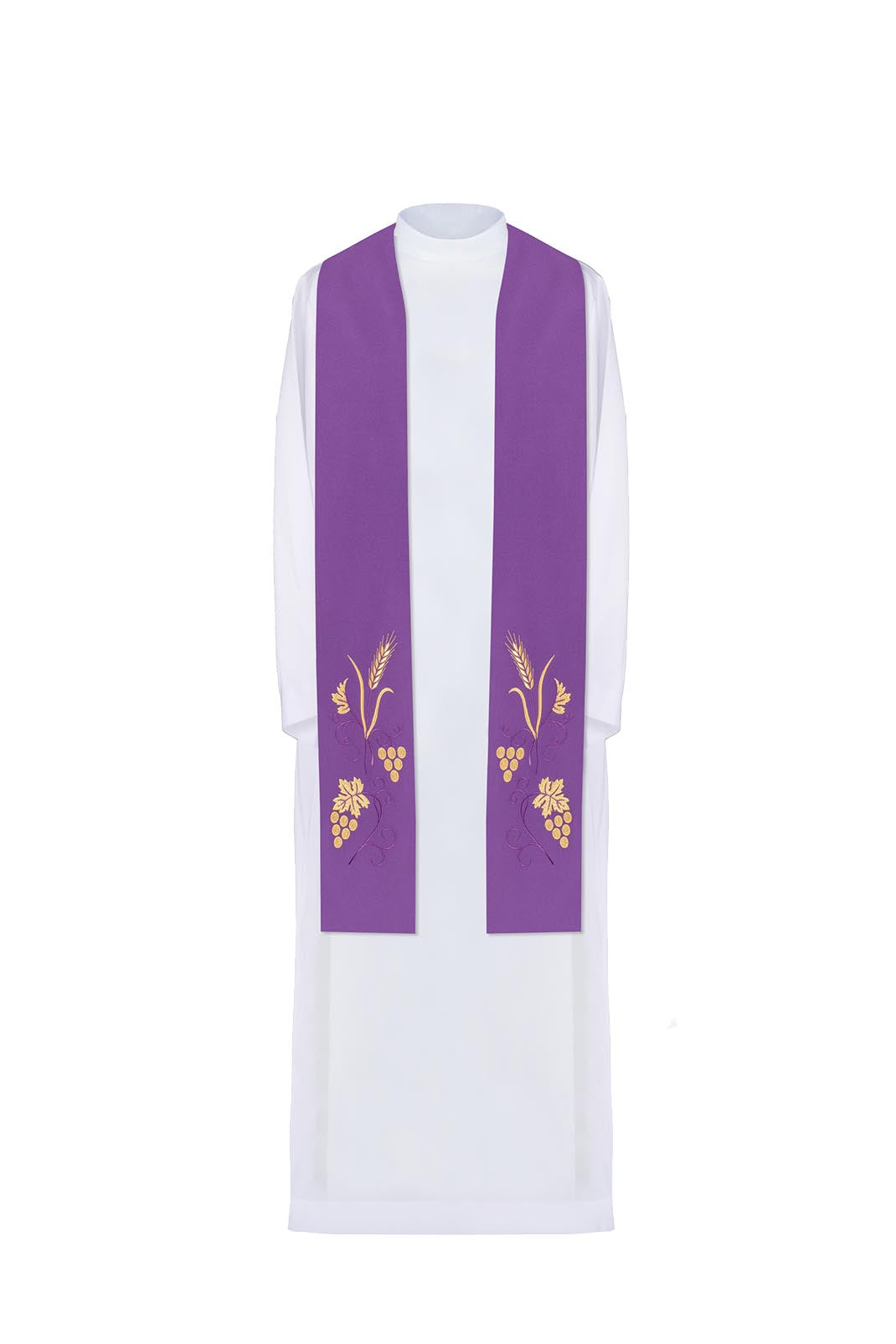 Embroidered priestly stole with grape and wheat motif in purple - HAFTINAUSA.COM