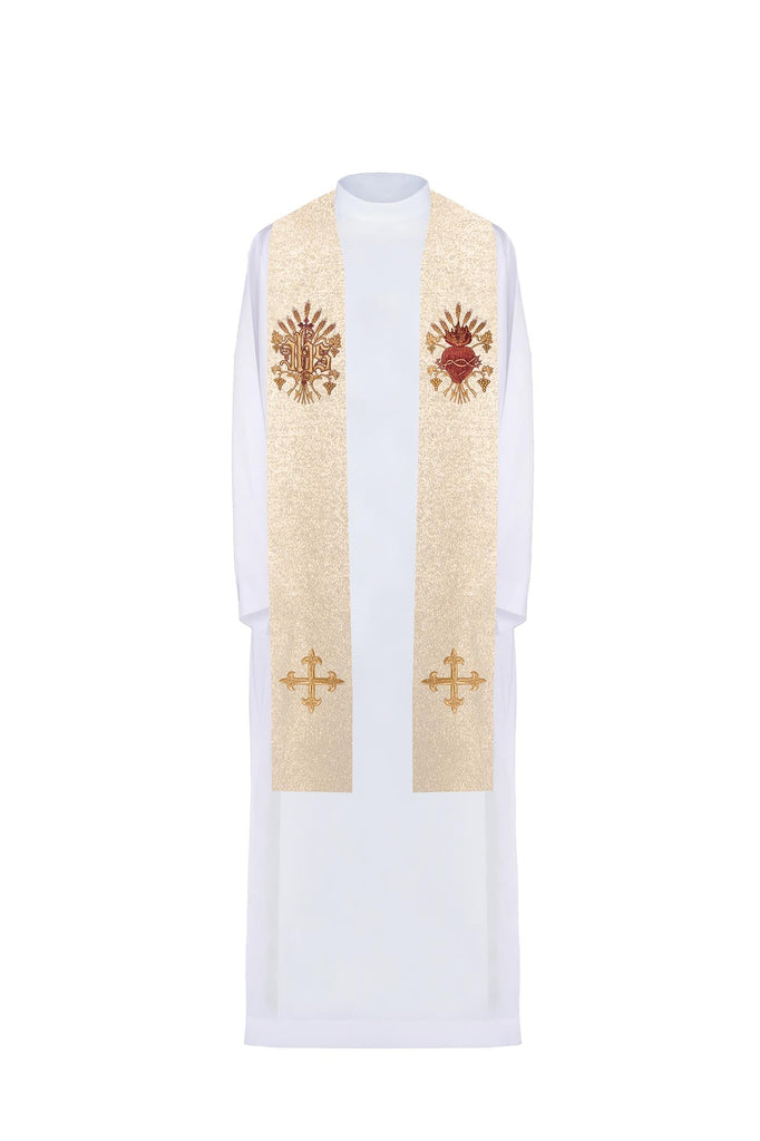 Golden priestly stole with a cross, IHS, and the heart of Jesus Christ