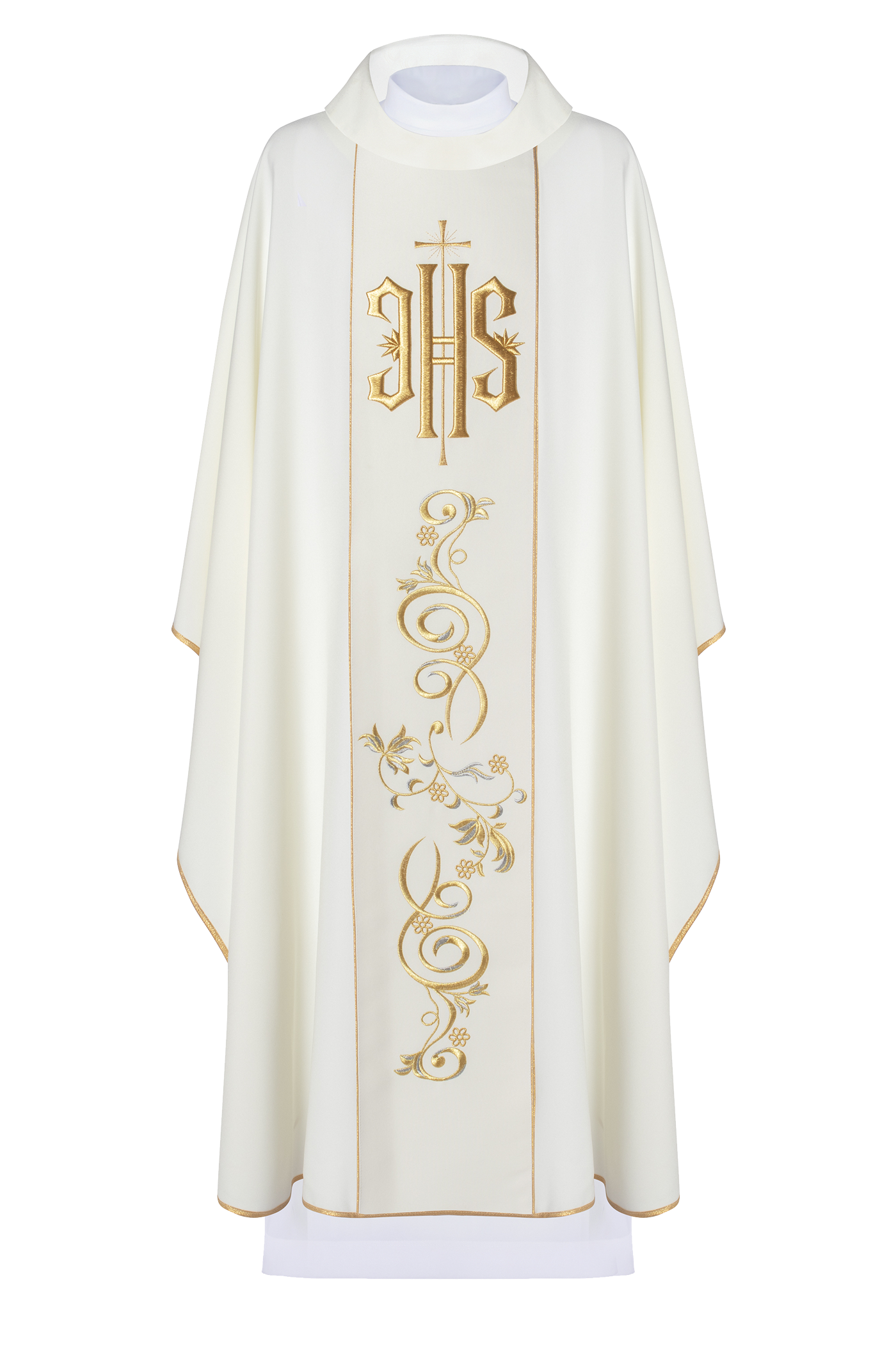 Classic ivory chasuble with embroidred IHS motif