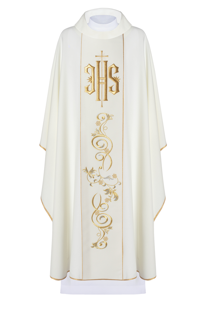 Classic ivory chasuble with embroidred IHS motif