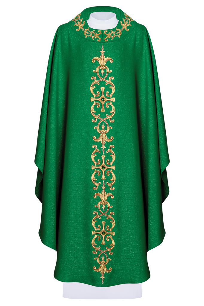 Green chasuble richly embroidered with gemstones