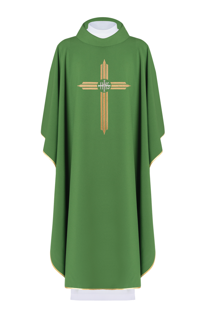 Green chasuble embroidered with the symbol of Cross IHS