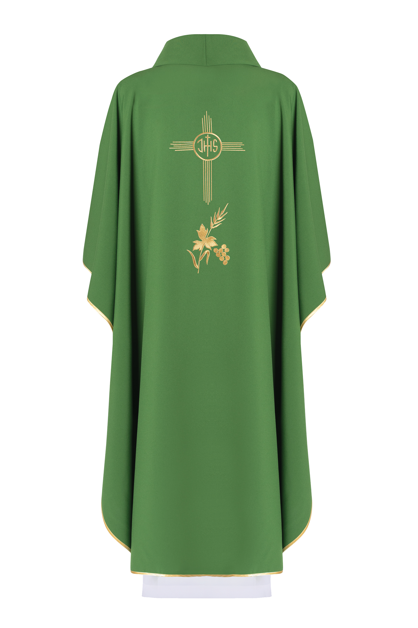 Green chasuble embroidered with IHS motif