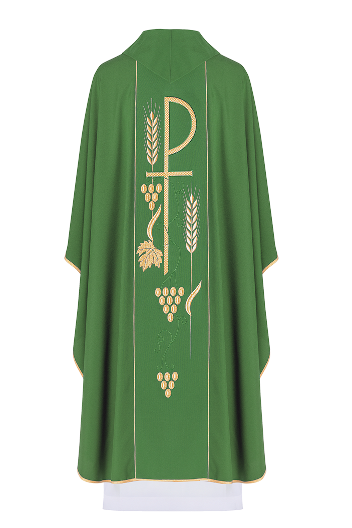 Green chasuble embroidered with IHS Chalice pattern