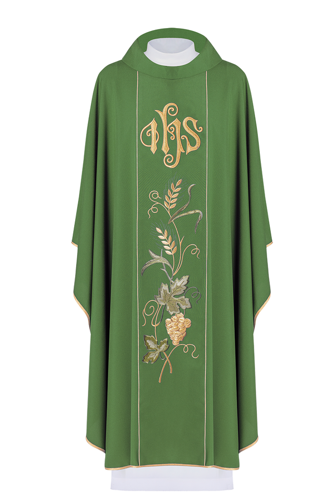 Green chasuble with IHS, ears of wheat, and grapes embroidery on a belt