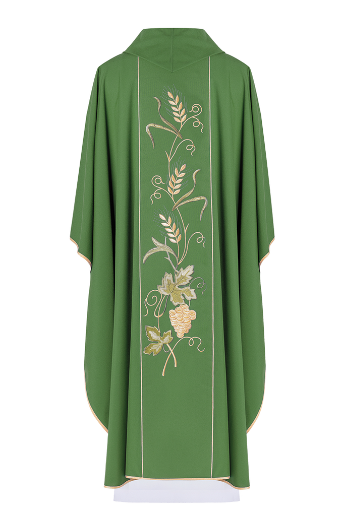 Green chasuble with IHS, ears of wheat, and grapes embroidery on a belt