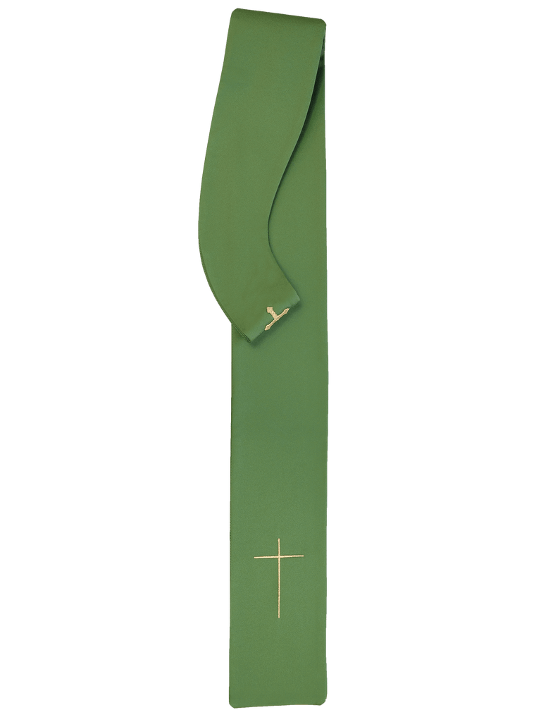 Green chasuble with IHS, ears of wheat, and grapes embroidery on a belt