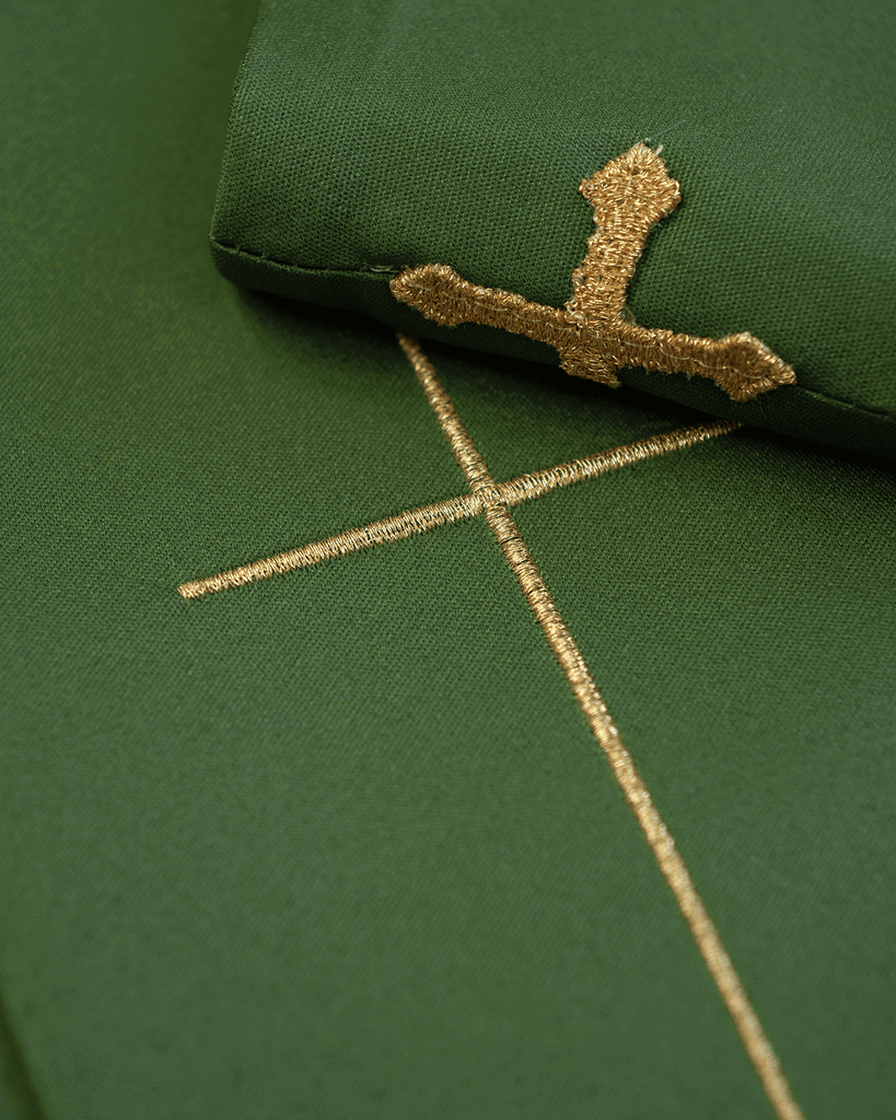 Green chasuble with IHS, ears of wheat, and grapes embroidery on a belt