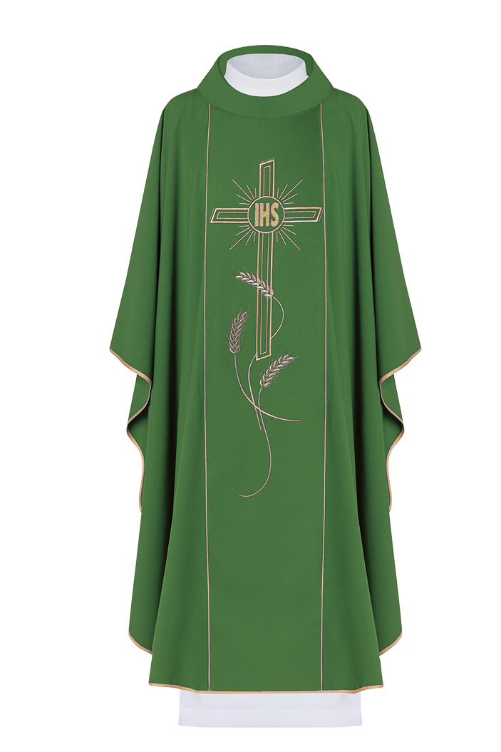 Green chasuble with embroidered Cross IHS symbol