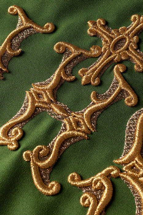 Green chasuble with IHS embroidery