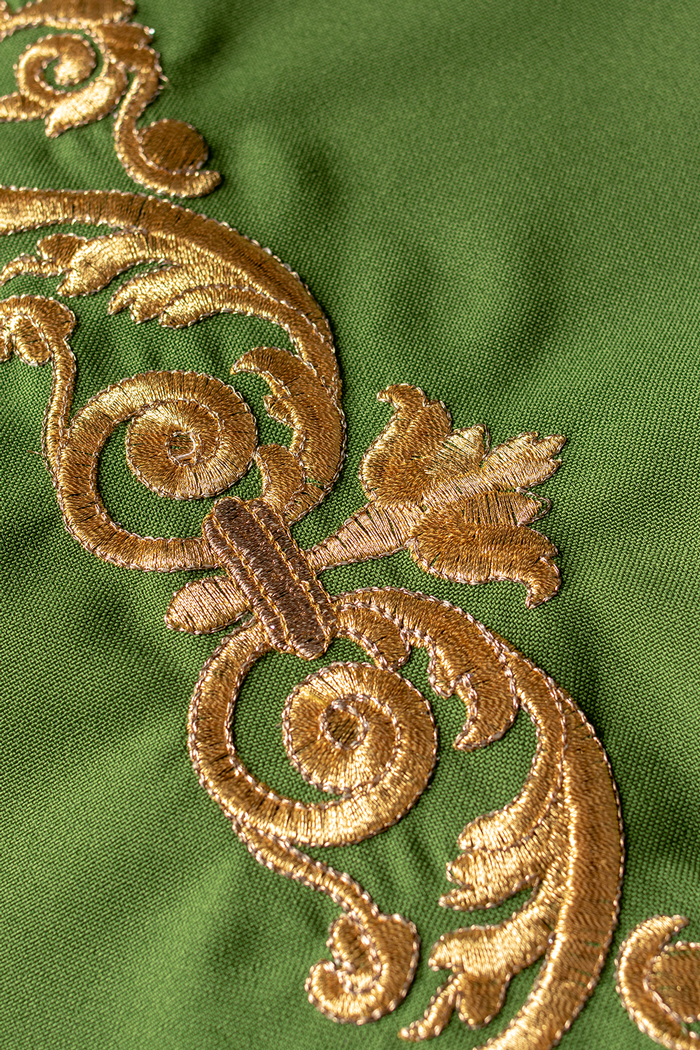 Green chasuble with IHS embroidery