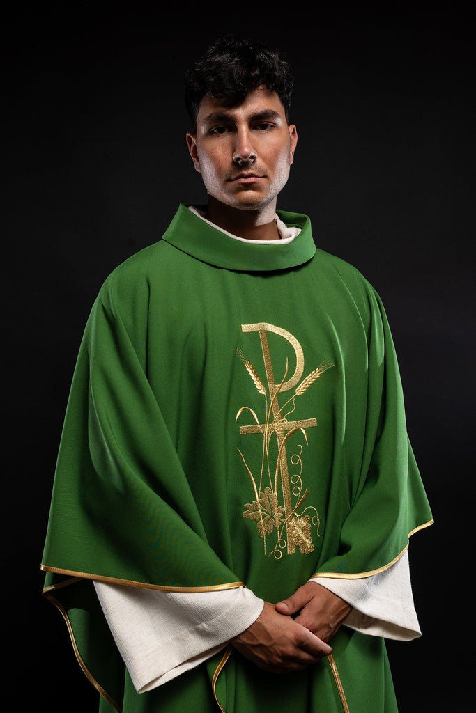 Green chasuble with golden cross embroidery