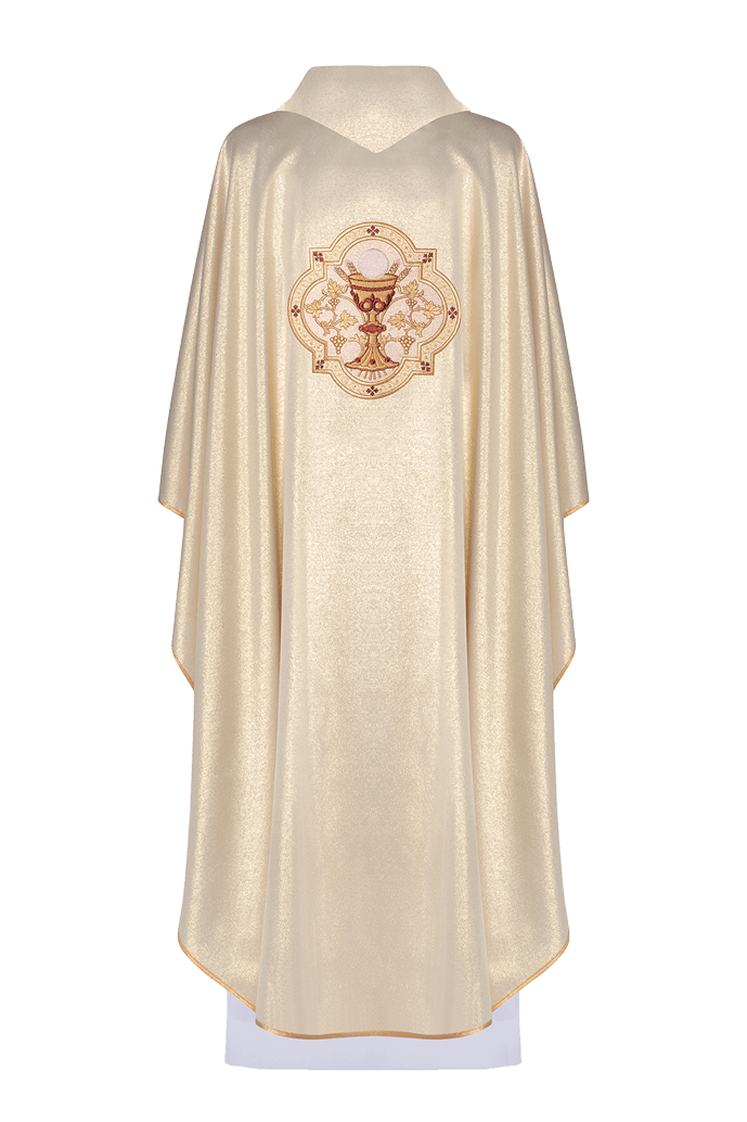 Golden chasuble embroidered with motif of the Sacred Heart of Jesus and Chalice