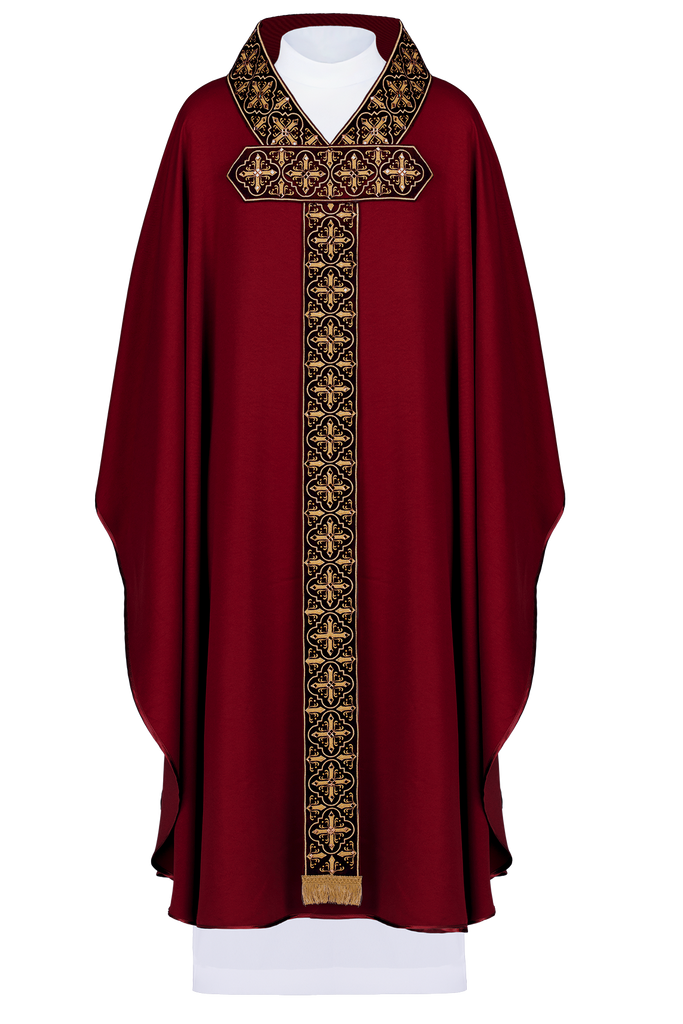 Red chasuble finished with 500 red faceted stones