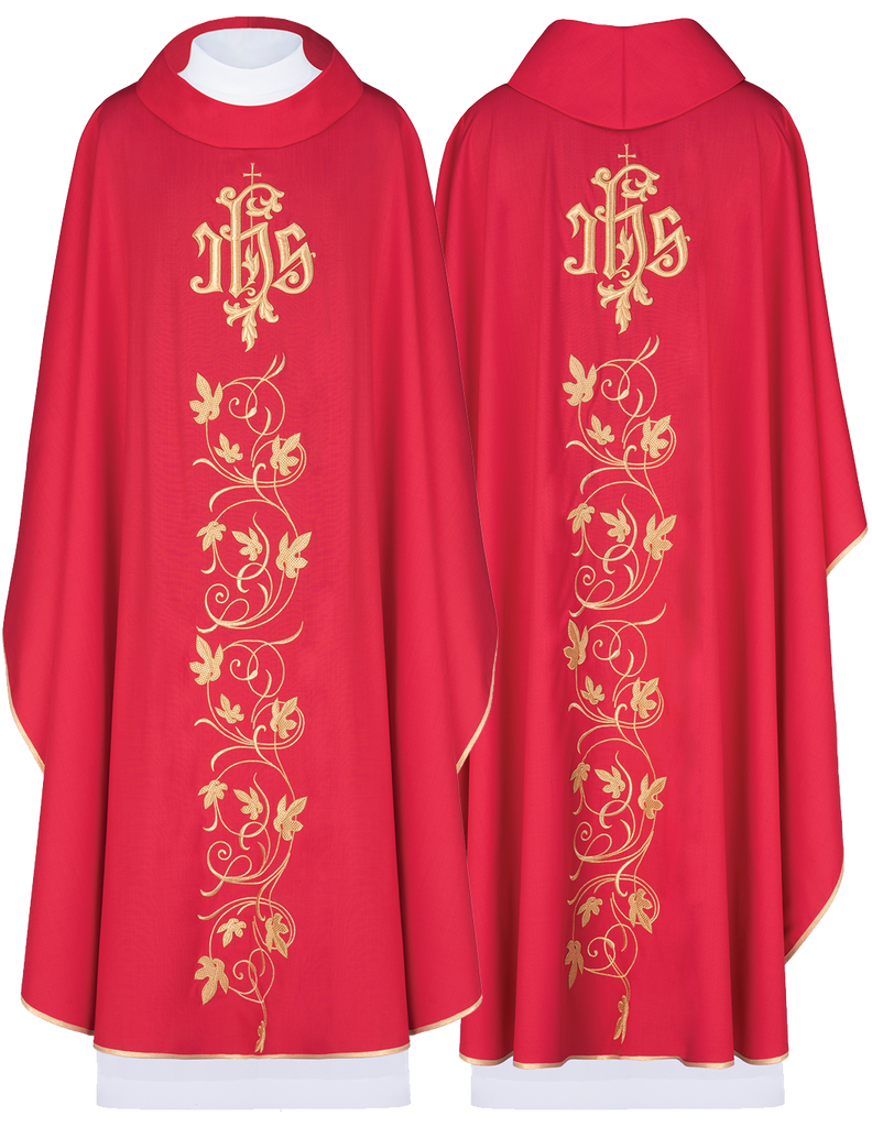 Red IHS embroidered chasuble with gold floral desig