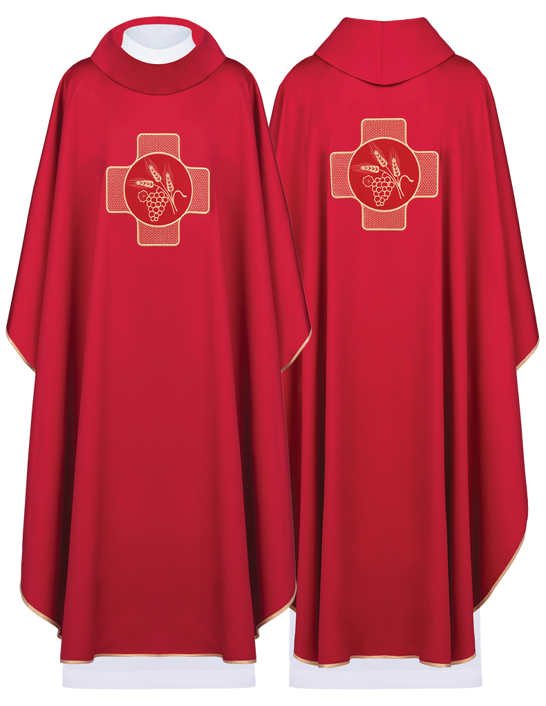 Red chasuble with embroidery with symbol of cross and ears with grapes
